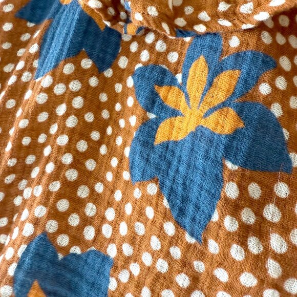 Porridge by Anthropologie Floral Blue & Gold Ruffled Crop Top - Size M - Picture 4 of 8